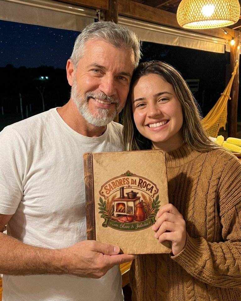 Olavo e Julinha com o caderno de receitas